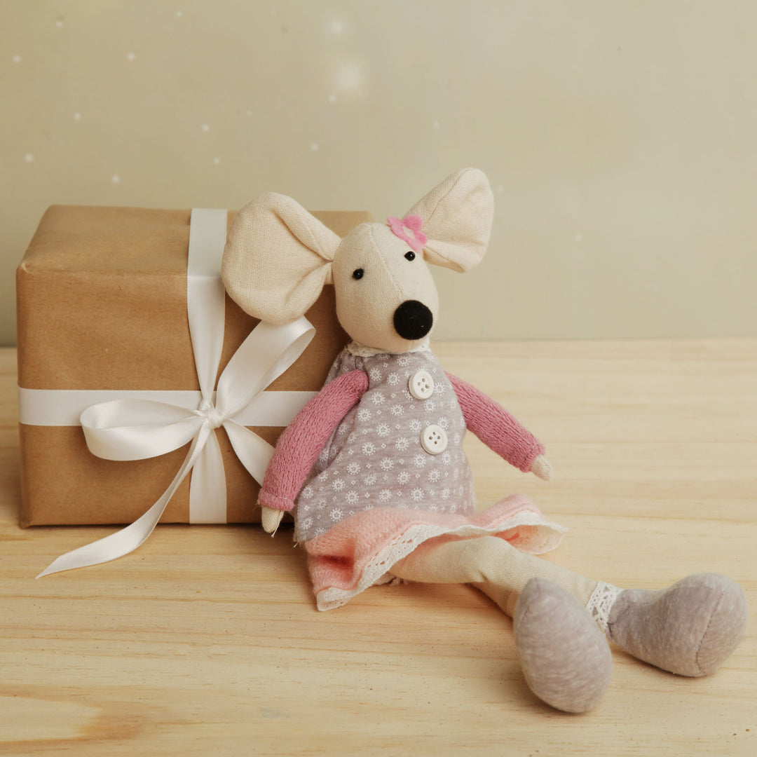 Fabric Mouse Shelf Sitter in Pink and Grey Dress