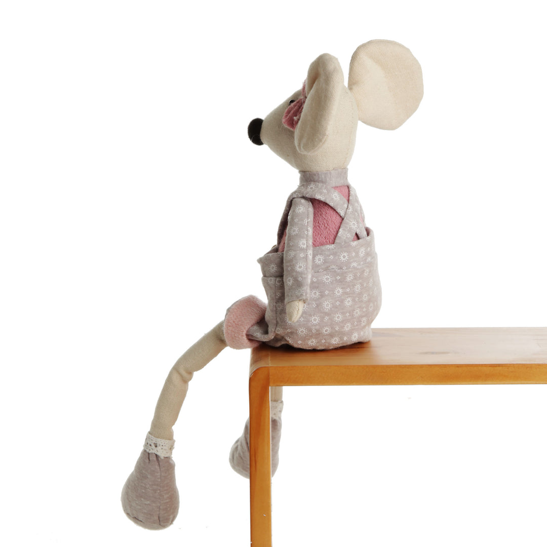 Fabric Mouse Shelf Sitter in Pink and Grey Overalls