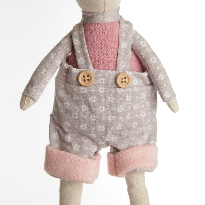 Fabric Mouse Shelf Sitter in Pink and Grey Overalls