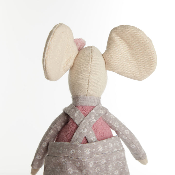 Fabric Mouse Shelf Sitter in Pink and Grey Overalls
