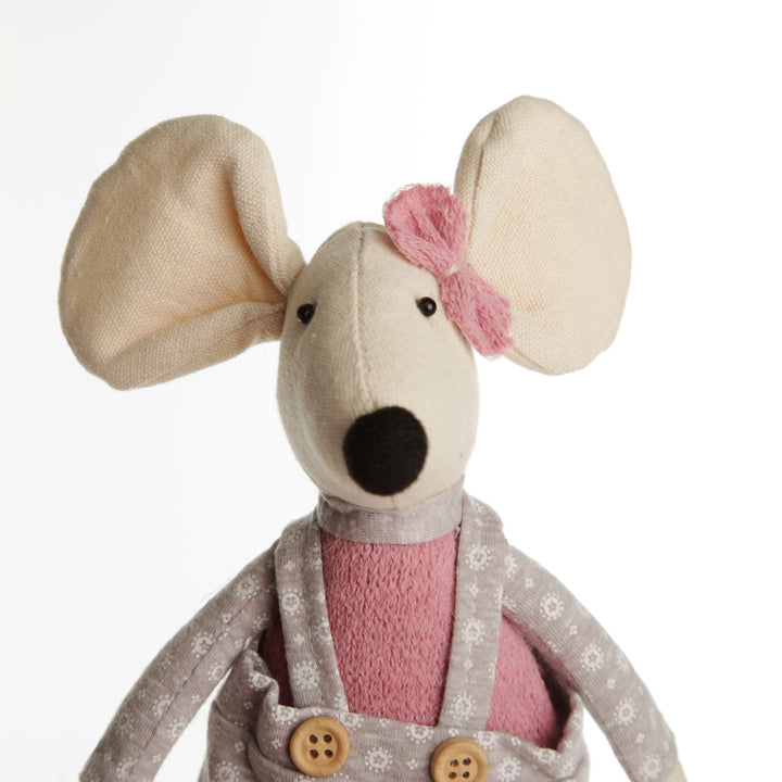 Fabric Mouse Shelf Sitter in Pink and Grey Overalls