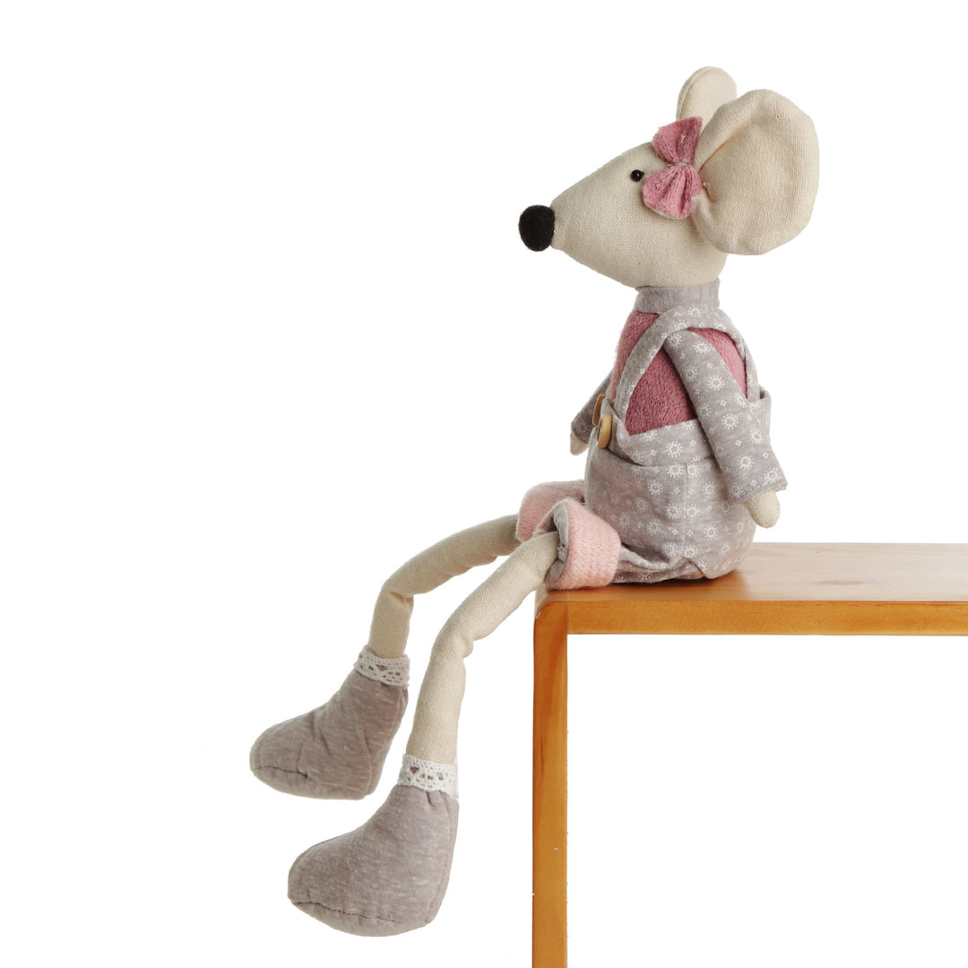 Fabric Mouse Shelf Sitter in Pink and Grey Overalls