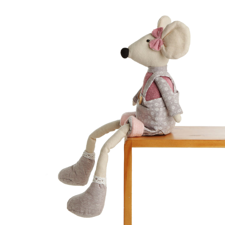 Fabric Mouse Shelf Sitter in Pink and Grey Overalls