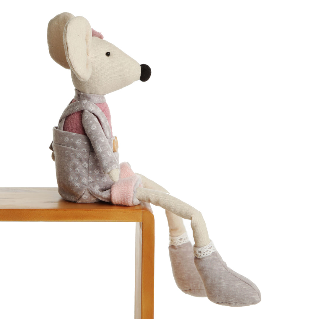 Fabric Mouse Shelf Sitter in Pink and Grey Overalls