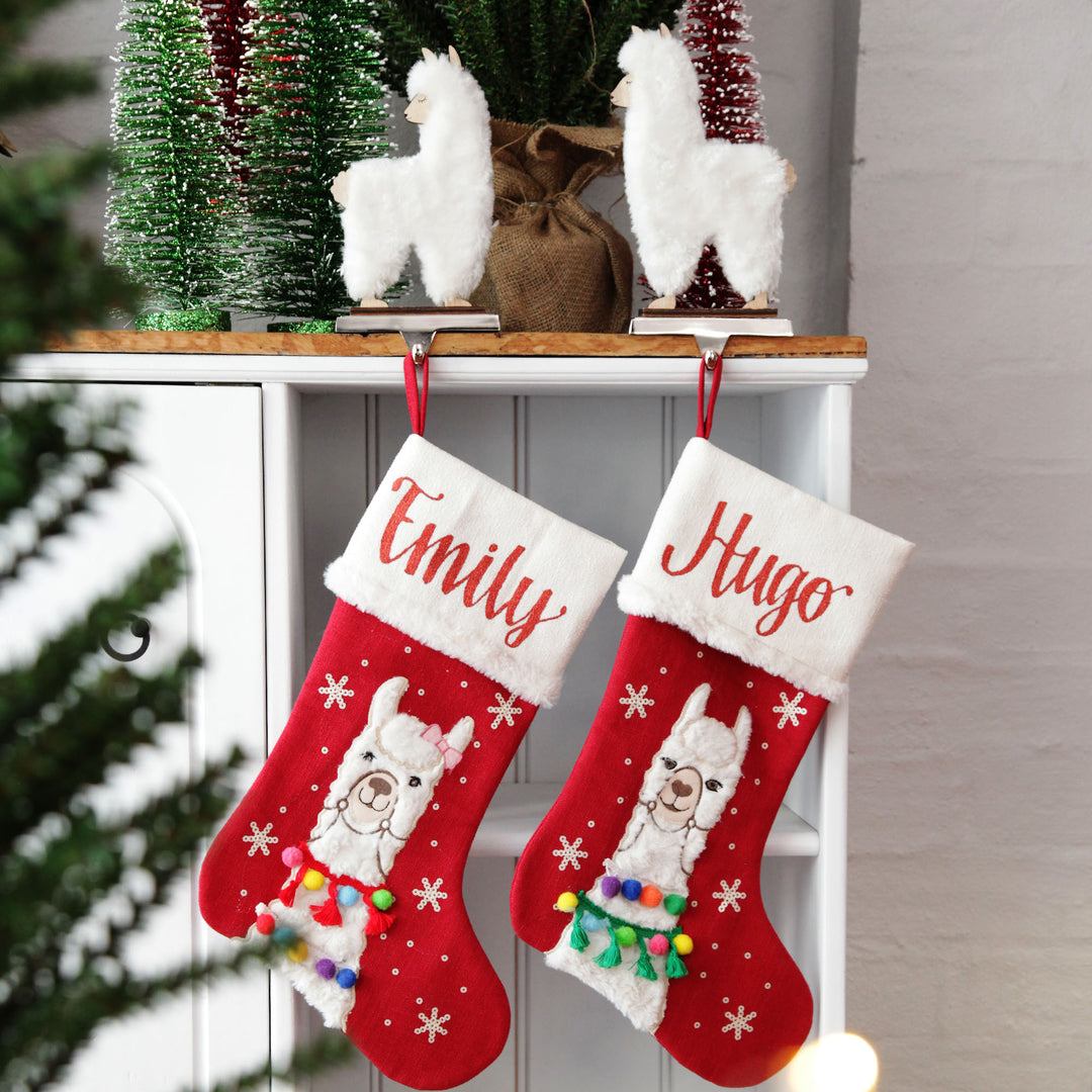 Personalised Fluffy Boy and Girl Llama Red Christmas Stocking