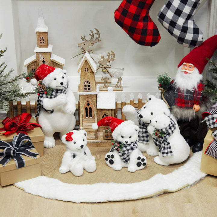 White Girl Polar Bear Cub Sitting with Red Bow - 15cm(H)