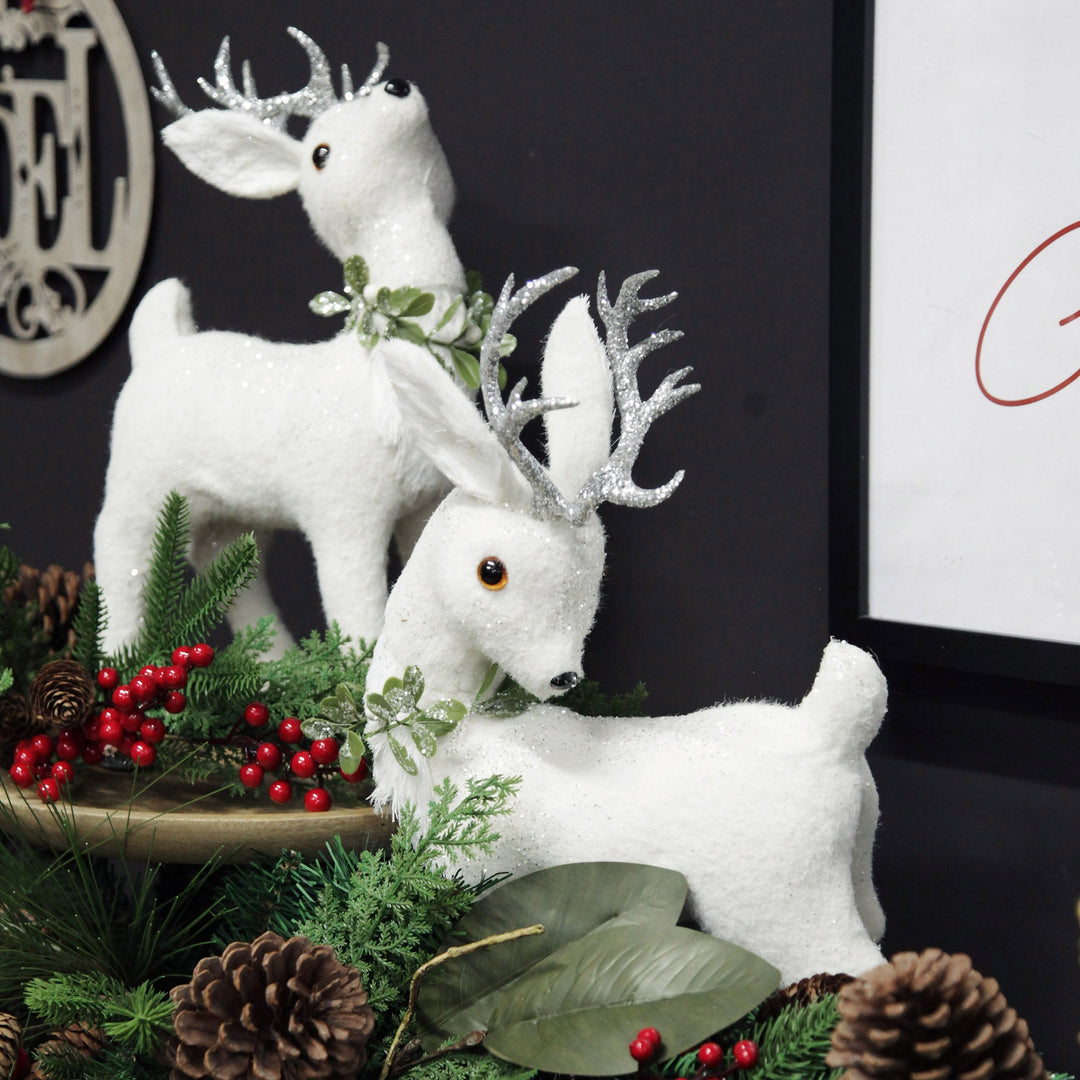 Medium White Sisal Standing Deer with Silver Glitter Antlers