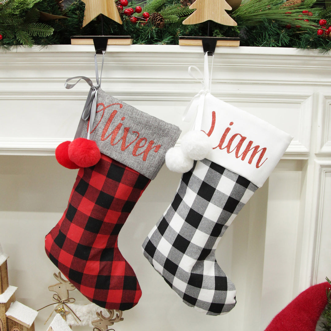 Personalised Black and White Buffalo Check Christmas Stocking