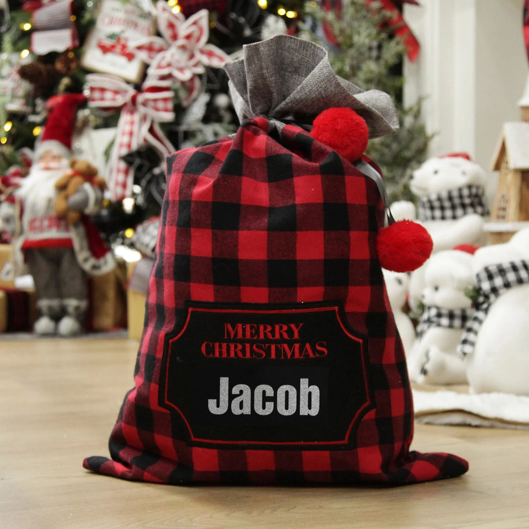 Personalised Red and Black Buffalo Check Christmas Santa Sack