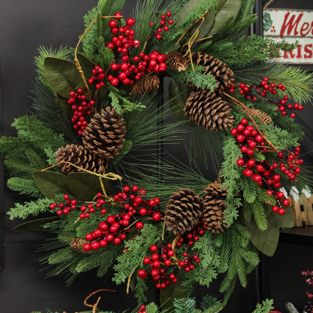 Pinecone and Red Berry Mixed Leaf Christmas Wreath (65cm Dia)