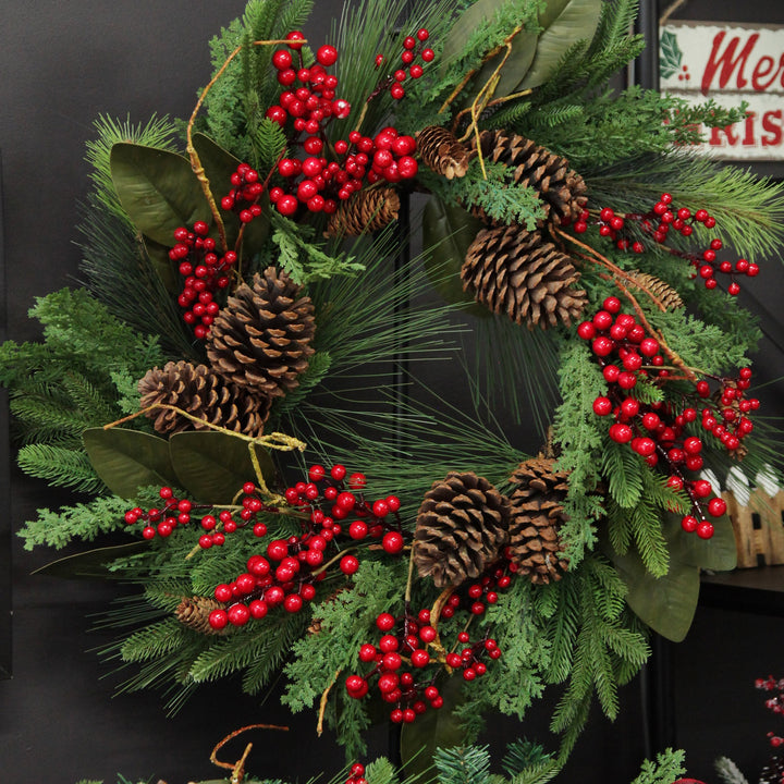 Pinecone and Red Berry Mixed Leaf Christmas Wreath (65cm Dia)