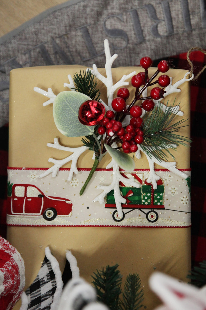 White Ribbon with Christmas Tree Farm Christmas Tree in Truck Print