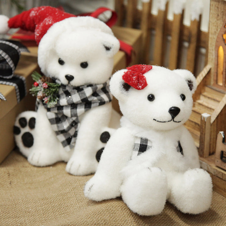 White Girl Polar Bear Cub Sitting with Red Bow - 15cm(H)