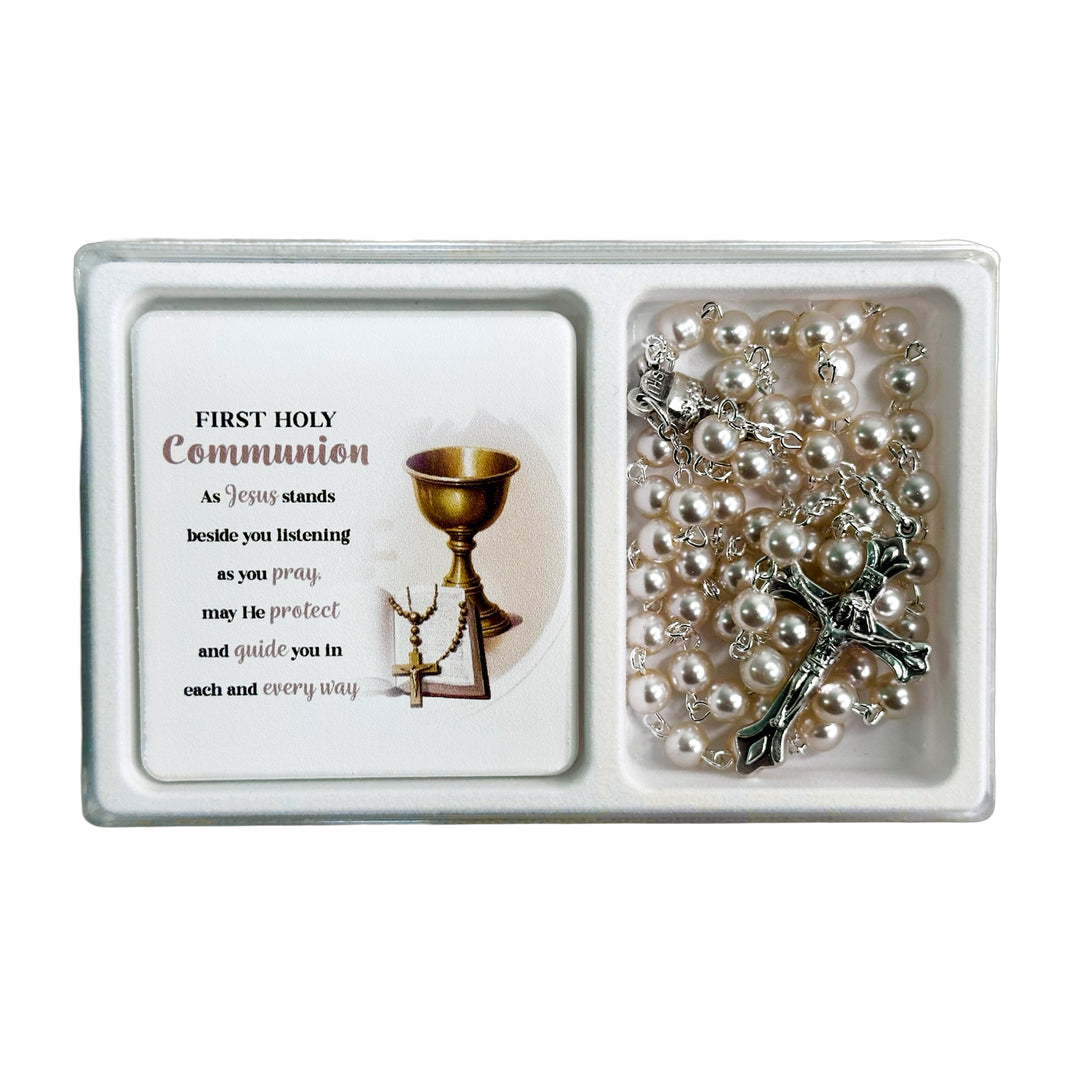 First Communion Pearl Rosary and Message Plaque Gift Set