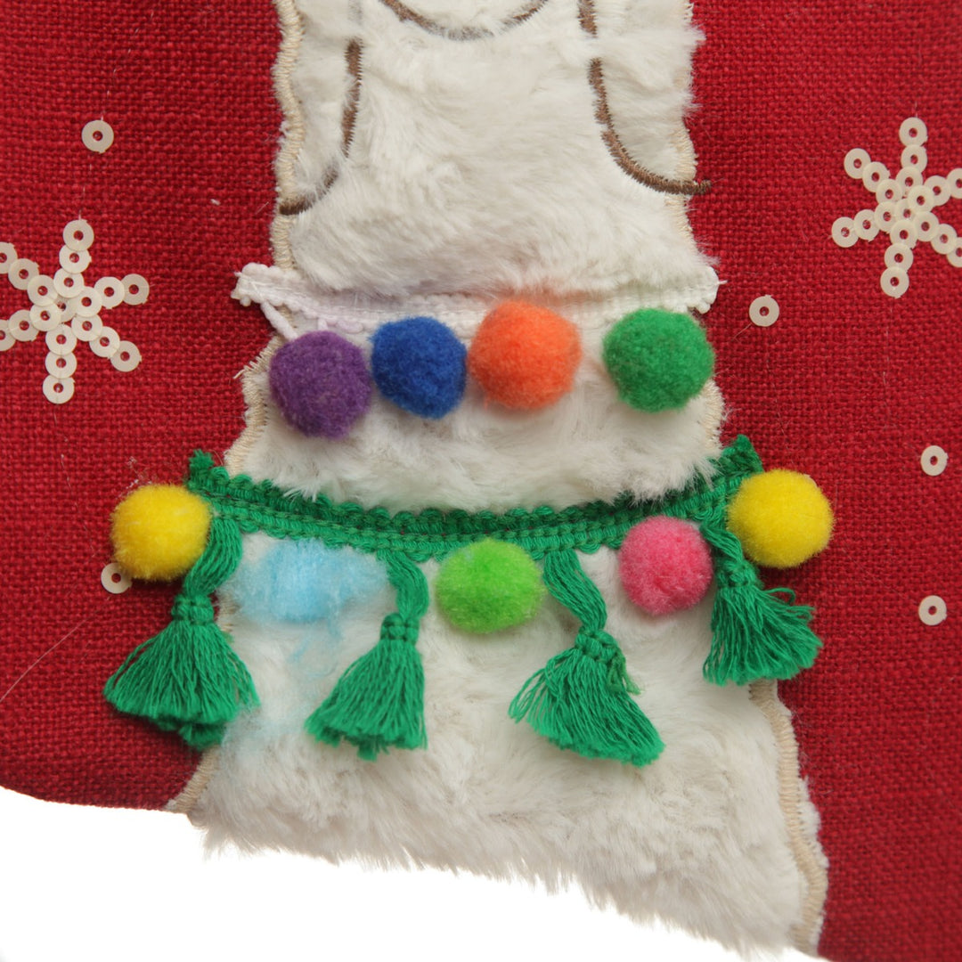 Personalised Fluffy Boy Llama Red Christmas Stocking - colourful details