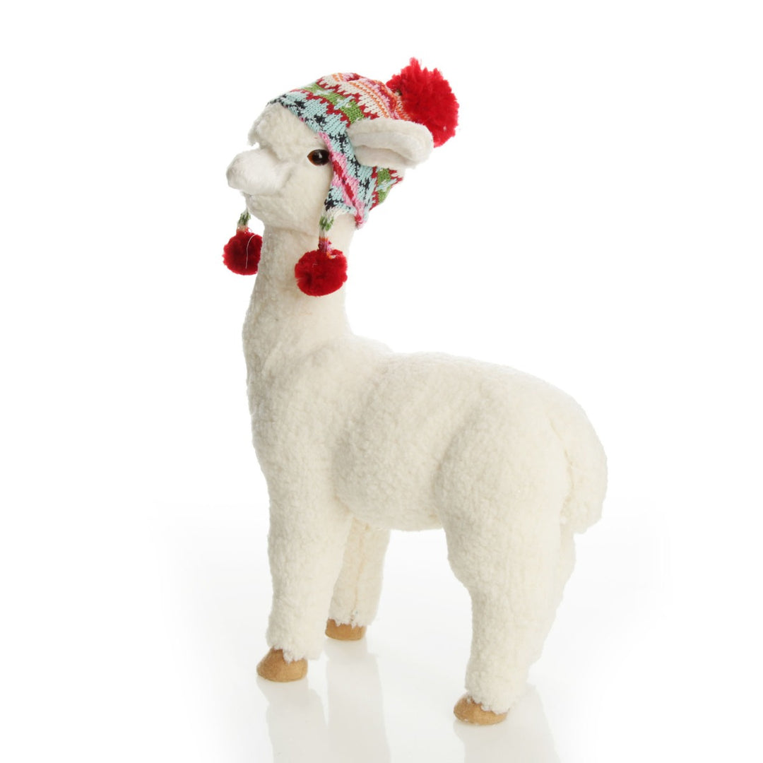 Standing Fluffy White Llama with Hat - 37cm(H)