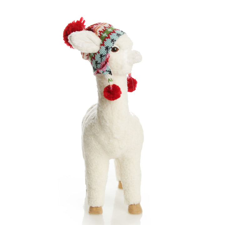 Standing Fluffy White Llama with Hat - 37cm(H)