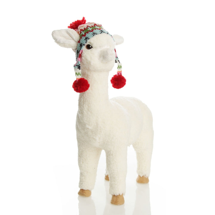 Standing Fluffy White Llama with Hat - 37cm(H)