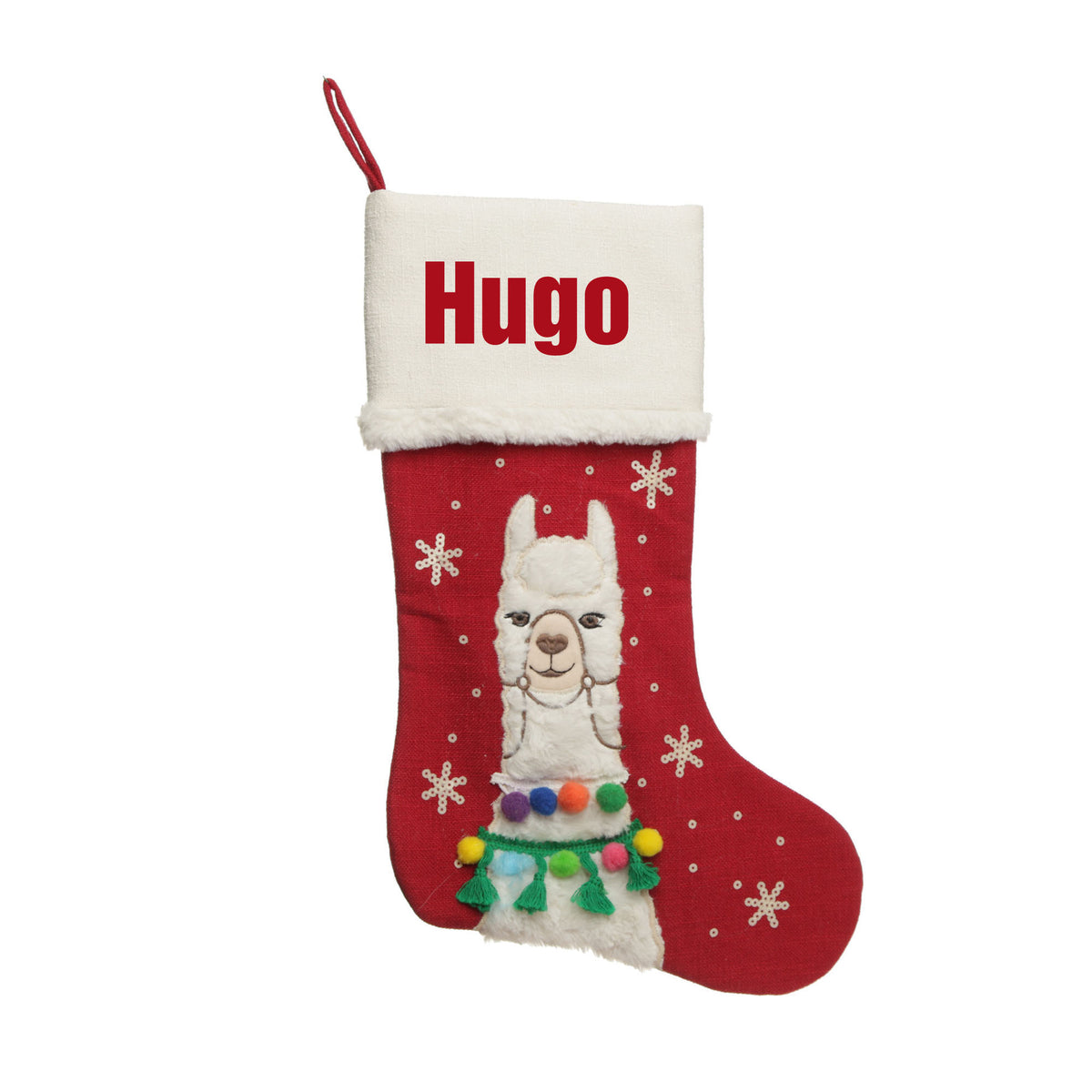 Personalised Fluffy Boy Llama Red Christmas Stocking