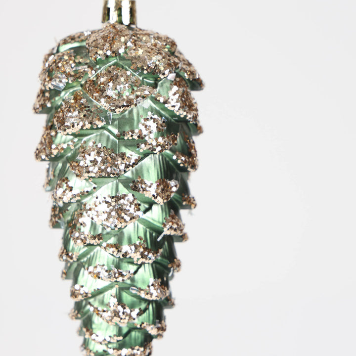 Forest Green Pinecone with Champagne Glitter Detail - 13cm