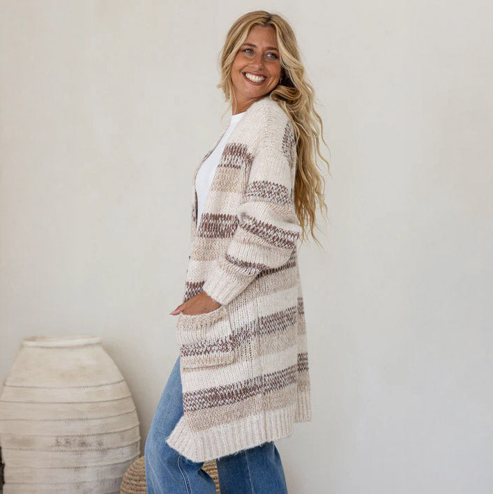 Camel Tan Aztec Long Knit Cardigan with Pockets - SM
