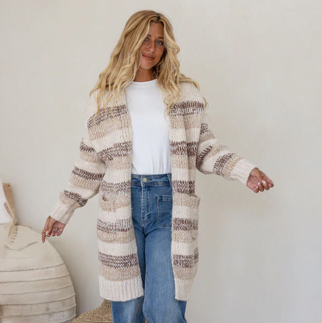 Camel Tan Aztec Long Knit Cardigan with Pockets - ML