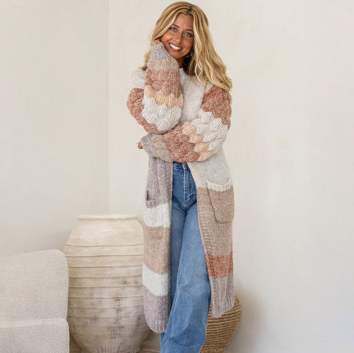 Multicoloured Long Knit Cardigan with Pockets and Detail Sleeve - SM