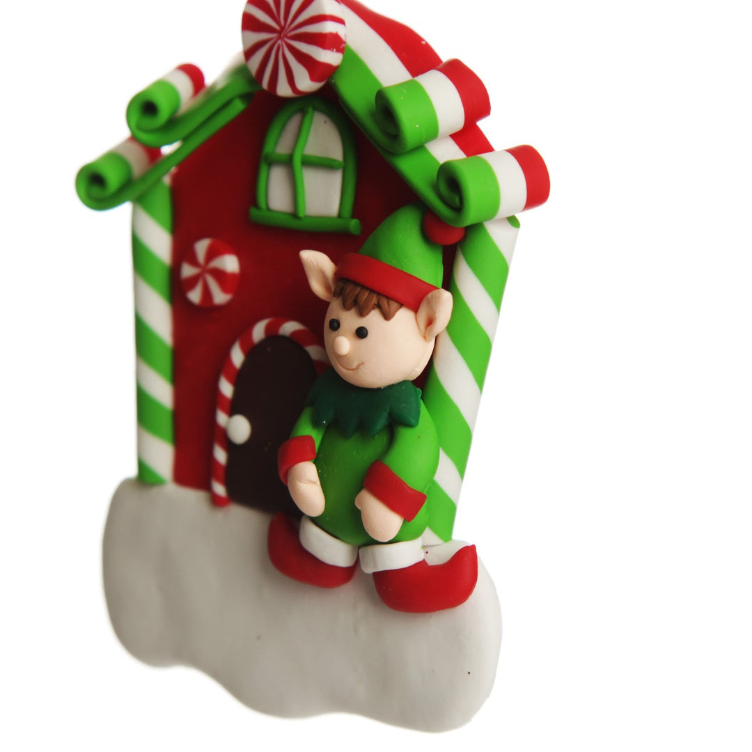 Personalised Gingerbread House Decoration with Boy Elf Zoom in Angle
