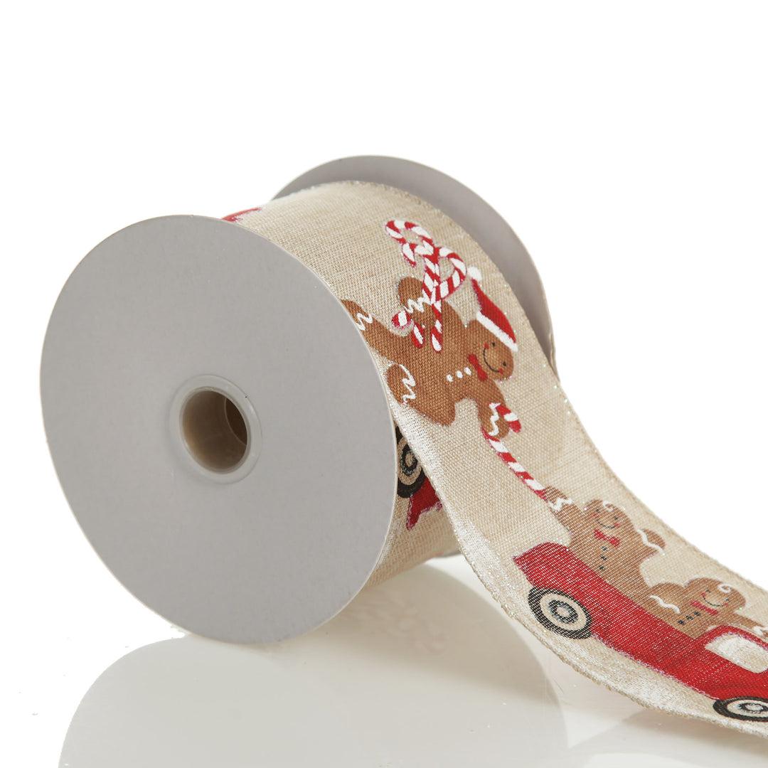 Gingerbread Natural Linen Printed Ribbon - 6.3cm