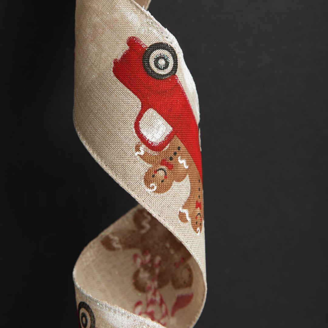 Gingerbread Natural Linen Printed Ribbon - 6.3cm