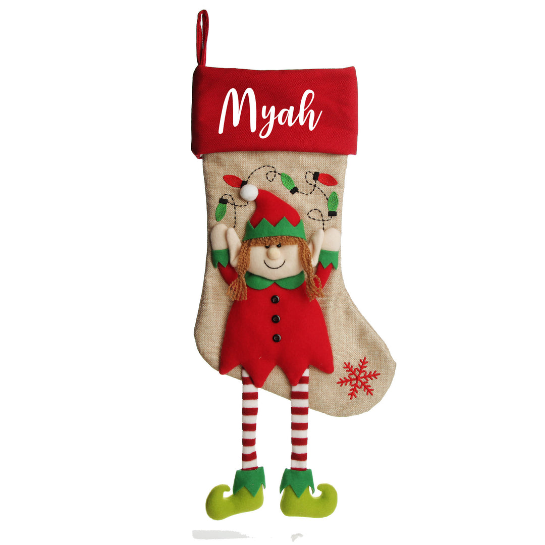 Personalised Girl Elf Christmas Stocking with Dangly Legs