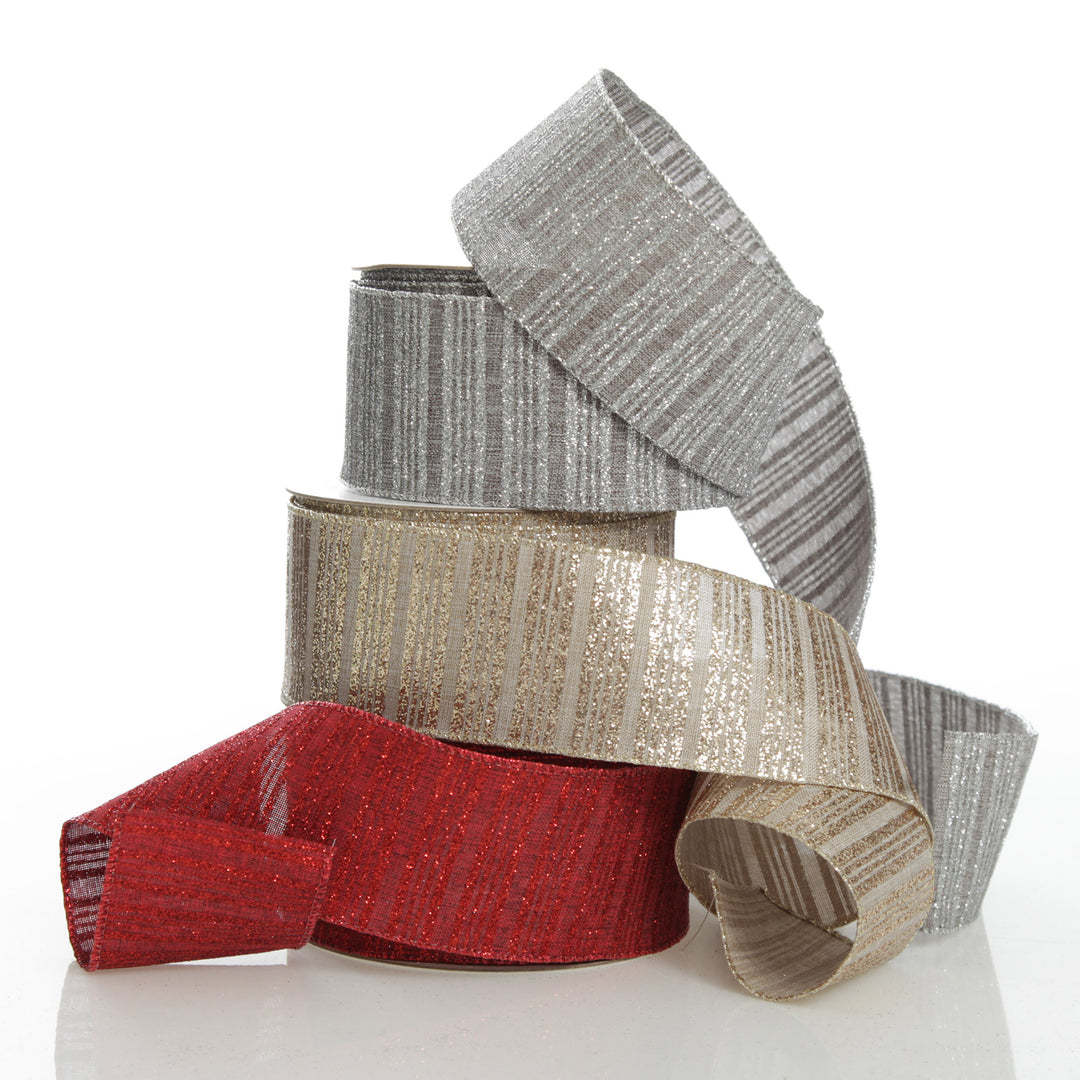 Glitter and Linen Striped Wired Ribbon - 6.5cm