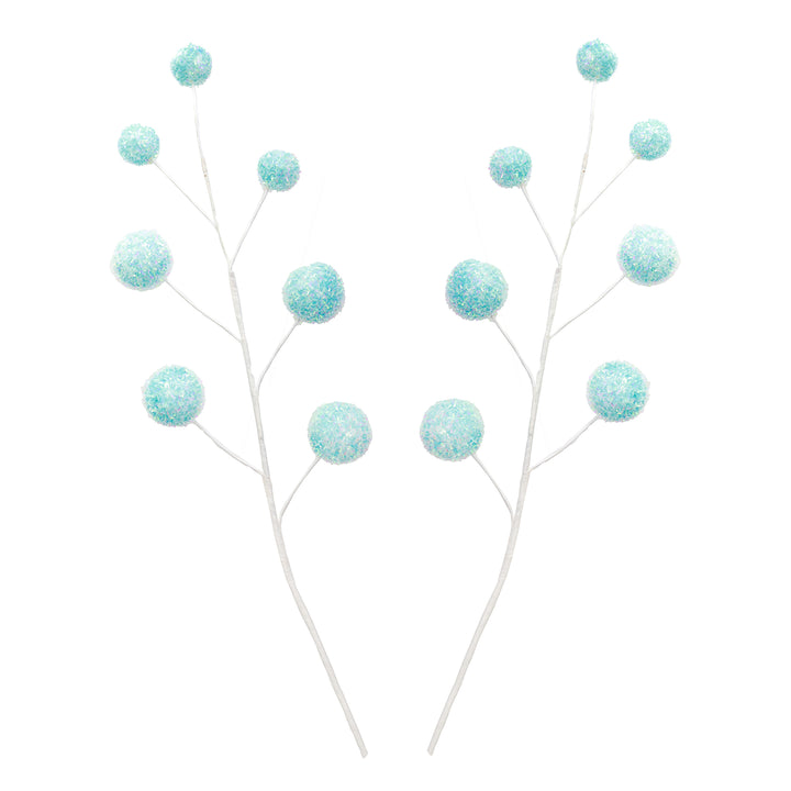 Pastel Blue Glitter Ball Christmas Pick - Set of 2