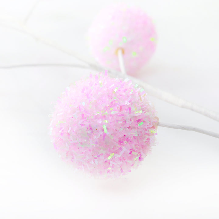 Pastel Pink Glitter Ball Christmas Pick - Set of 2