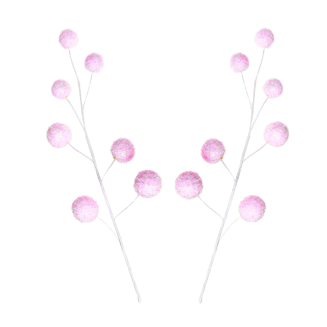 Pastel Pink Glitter Ball Christmas Pick - Set of 2