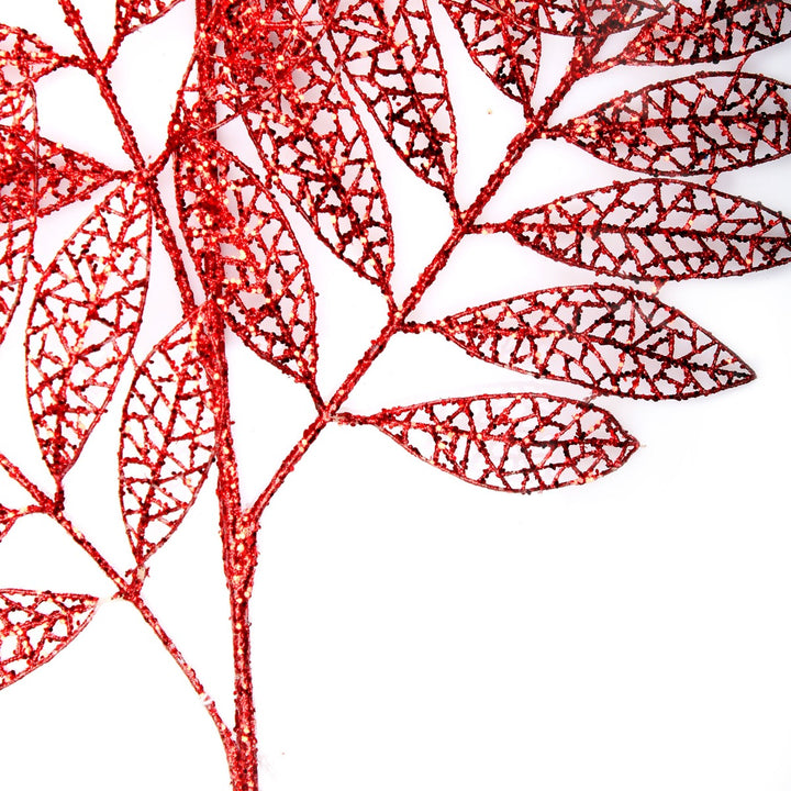 Red Glitter Mesh Leaf Spray