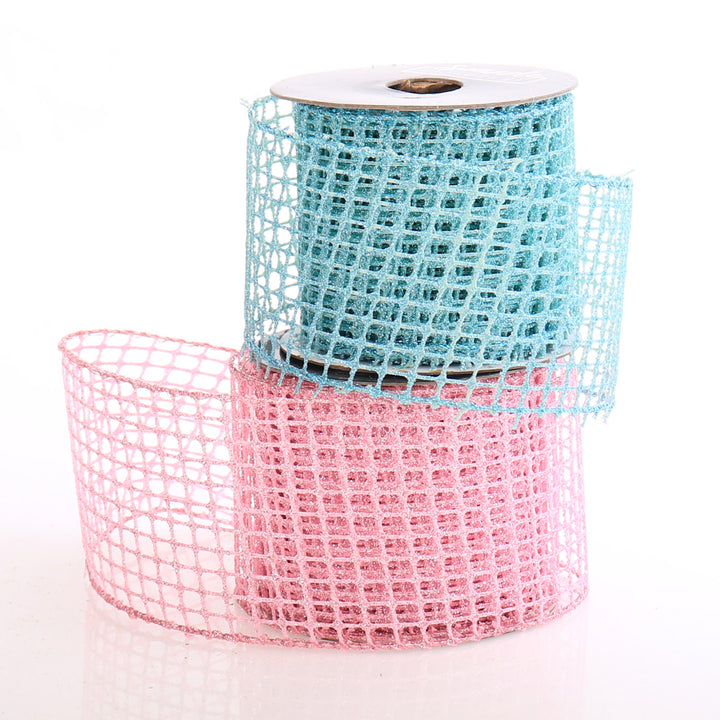Sky Blue Glitter Mesh Wired Ribbon - 6.3cm
