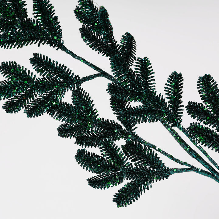 Glitter Pine Leaf Stem Emerald Green