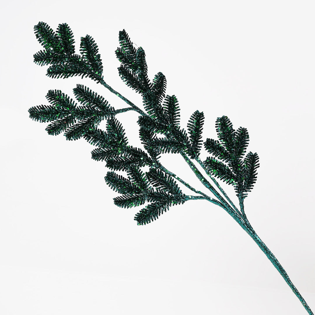 Glitter Pine Leaf Stem Emerald Green