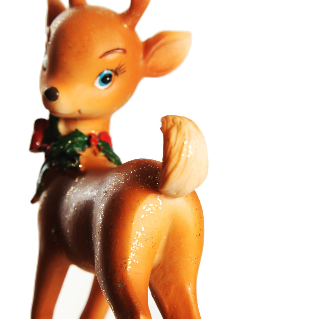 Glitter Sprinkled Retro Bambi Christmas Ornaments with Holly