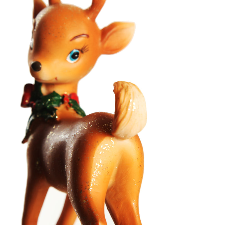 Glitter Sprinkled Retro Bambi Christmas Ornaments with Holly