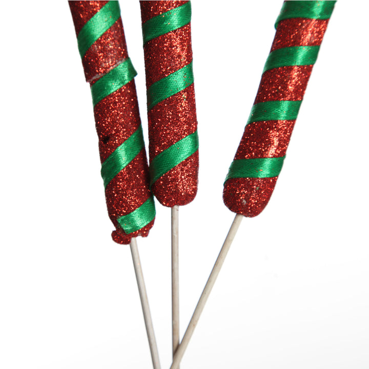 Glittered Green and Red Candy Cane Pick - Pack of 3