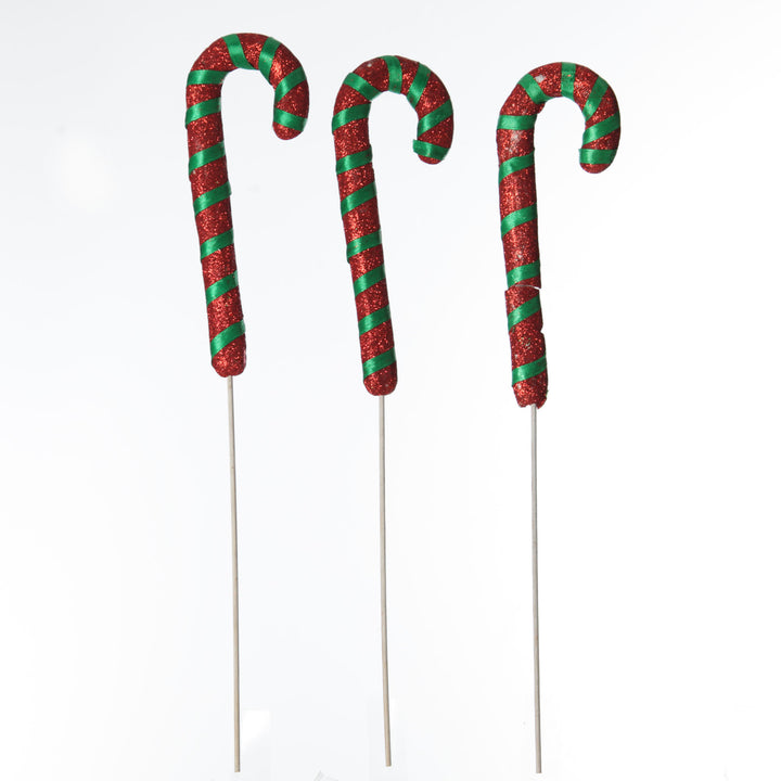 Glittered Green and Red Candy Cane Pick - Pack of 3