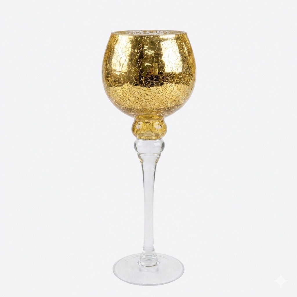 Gold Crackle Glass Goblet Candle Holder - Set of 3