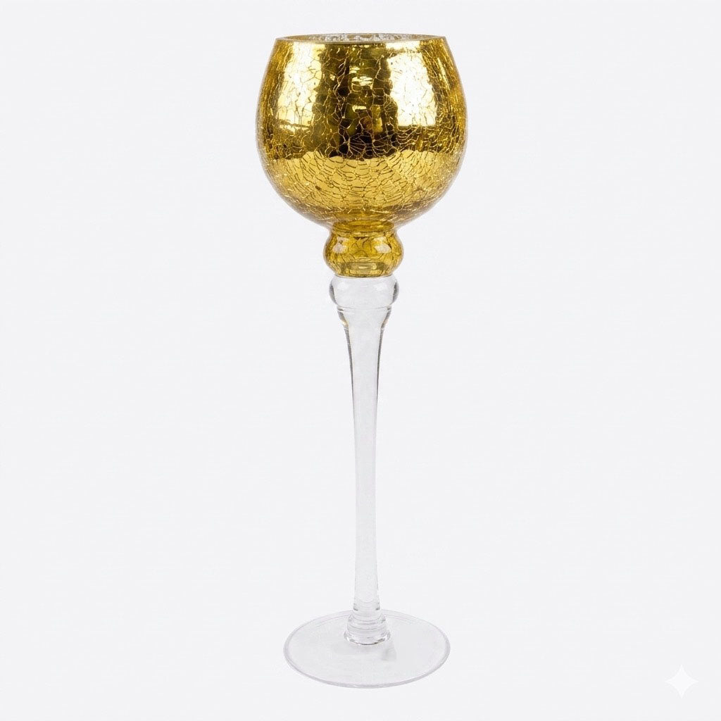 Gold Crackle Glass Goblet Candle Holder - Set of 3