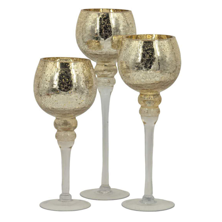 Gold Crackle Glass Goblet Candle Holder - Set of 3