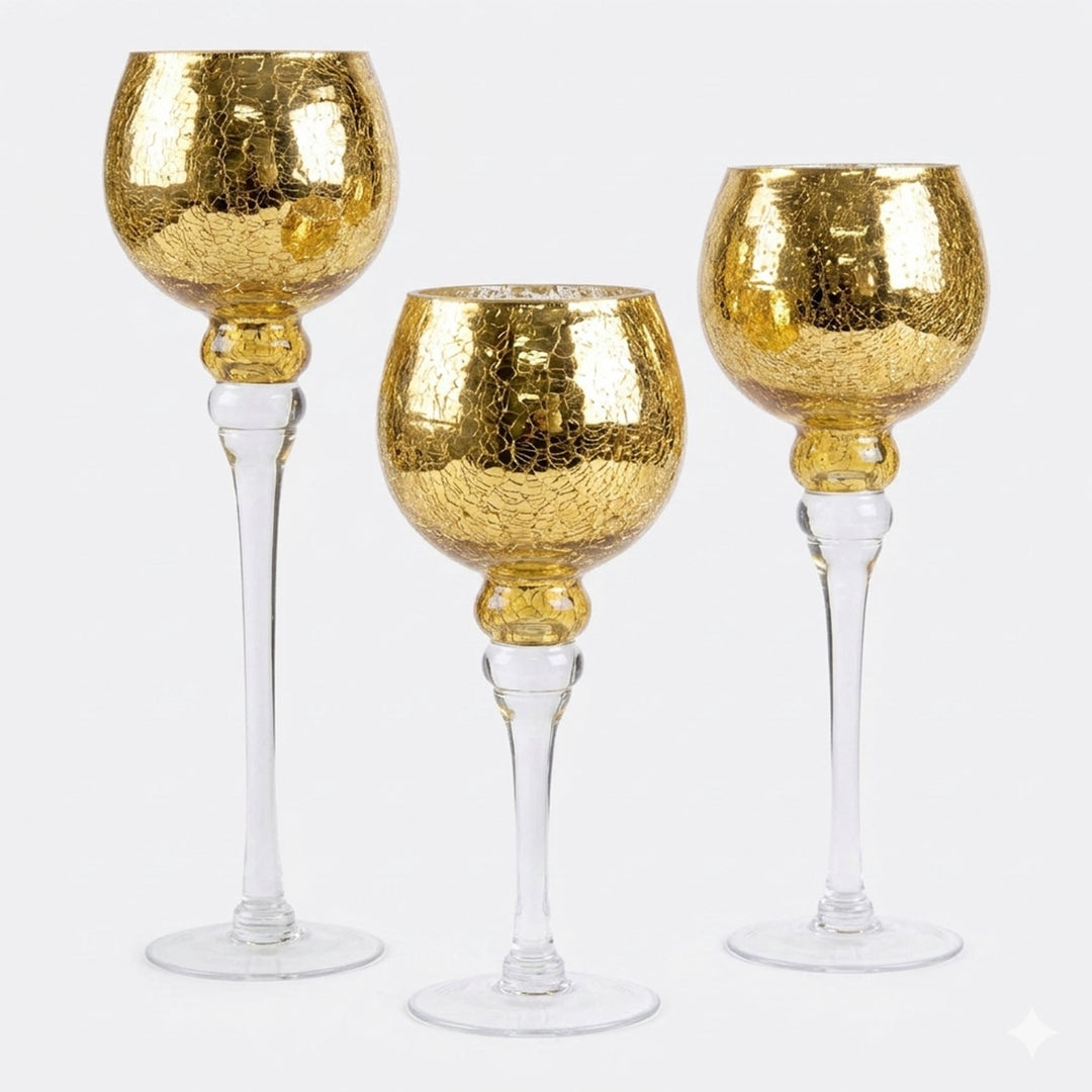 Gold Crackle Glass Goblet Candle Holder - Set of 3