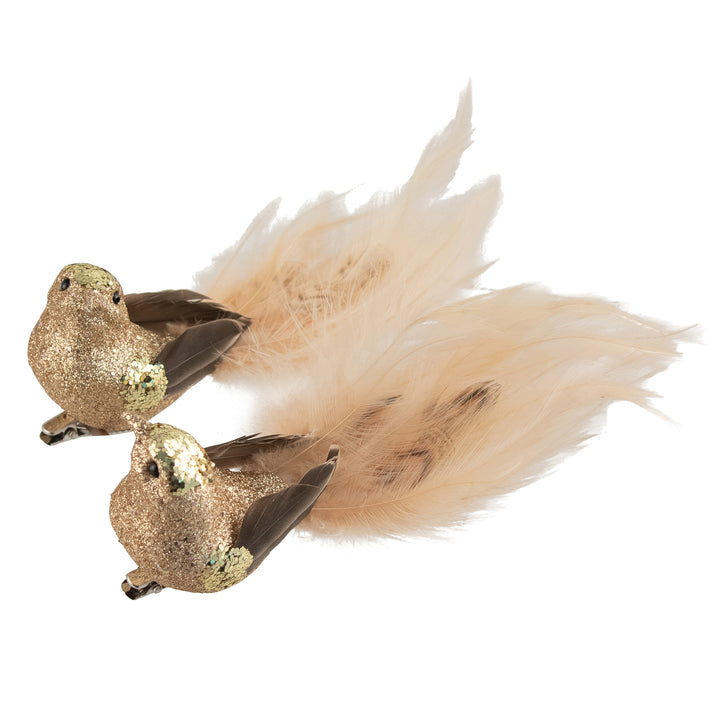 Gold Glitter &amp; Feathered Tail Bird Clip - Set of 2