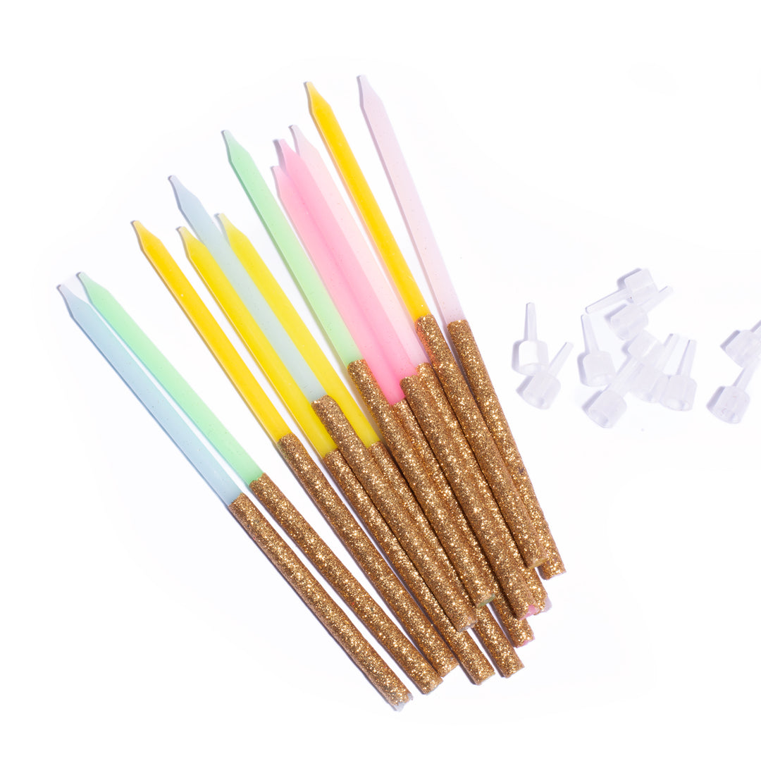 Gold Glitter Dipped Rainbow Candles - Pack of 12