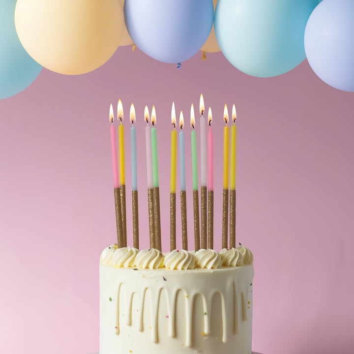Gold Glitter Dipped Rainbow Candles - Pack of 12